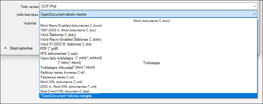 List of file formats from Word with ODT file format highlighted
