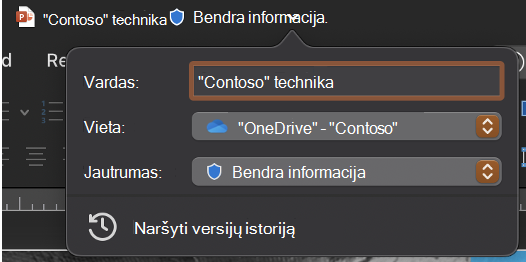 Išplėstos pavadinimo juostos išplečiamasis sąrašas, kuriame rodomas failo vardas, vieta ir slaptumas.