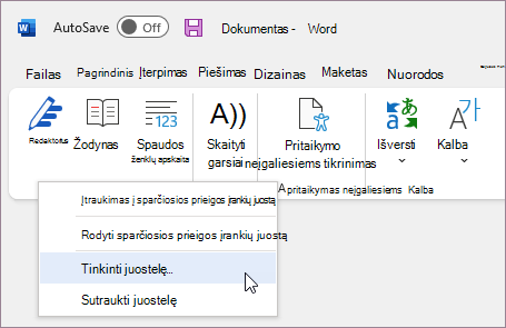 Pasirinkite Juostelės tinkinimas