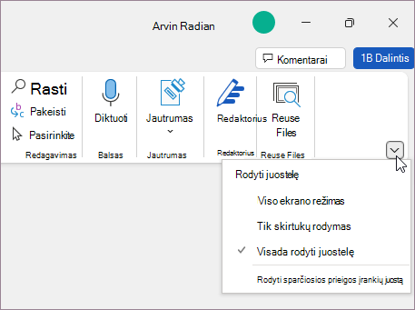 Juostelės rodymo parinkčių meniu