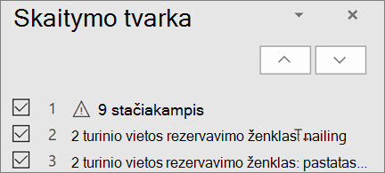 Elementų sąrašas skaitymo tvarka skaidrėje su rodyklių aukštyn ir žemyn mygtukais, kad juos pertvarkytumėte