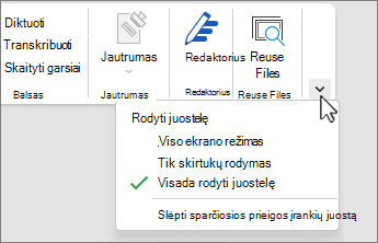Juostelės rodymo parinkčių meniu