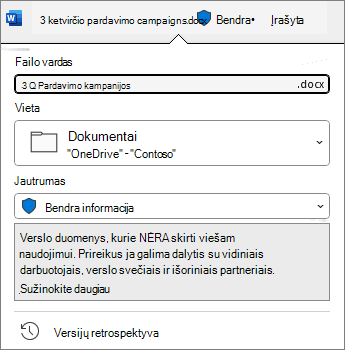 Slaptumo juosta dokumento viršuje