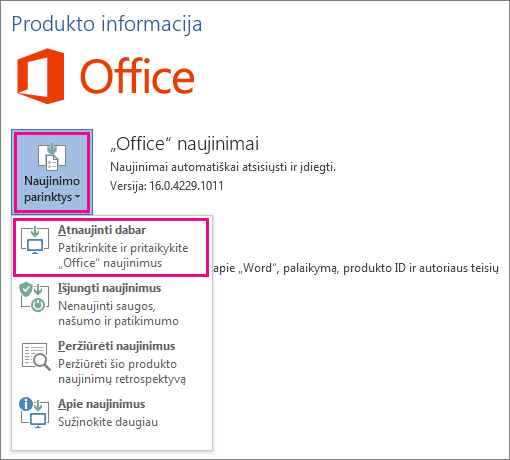 Neautomatinė „Office“ naujinimų paieška programoje „Word 2016“
