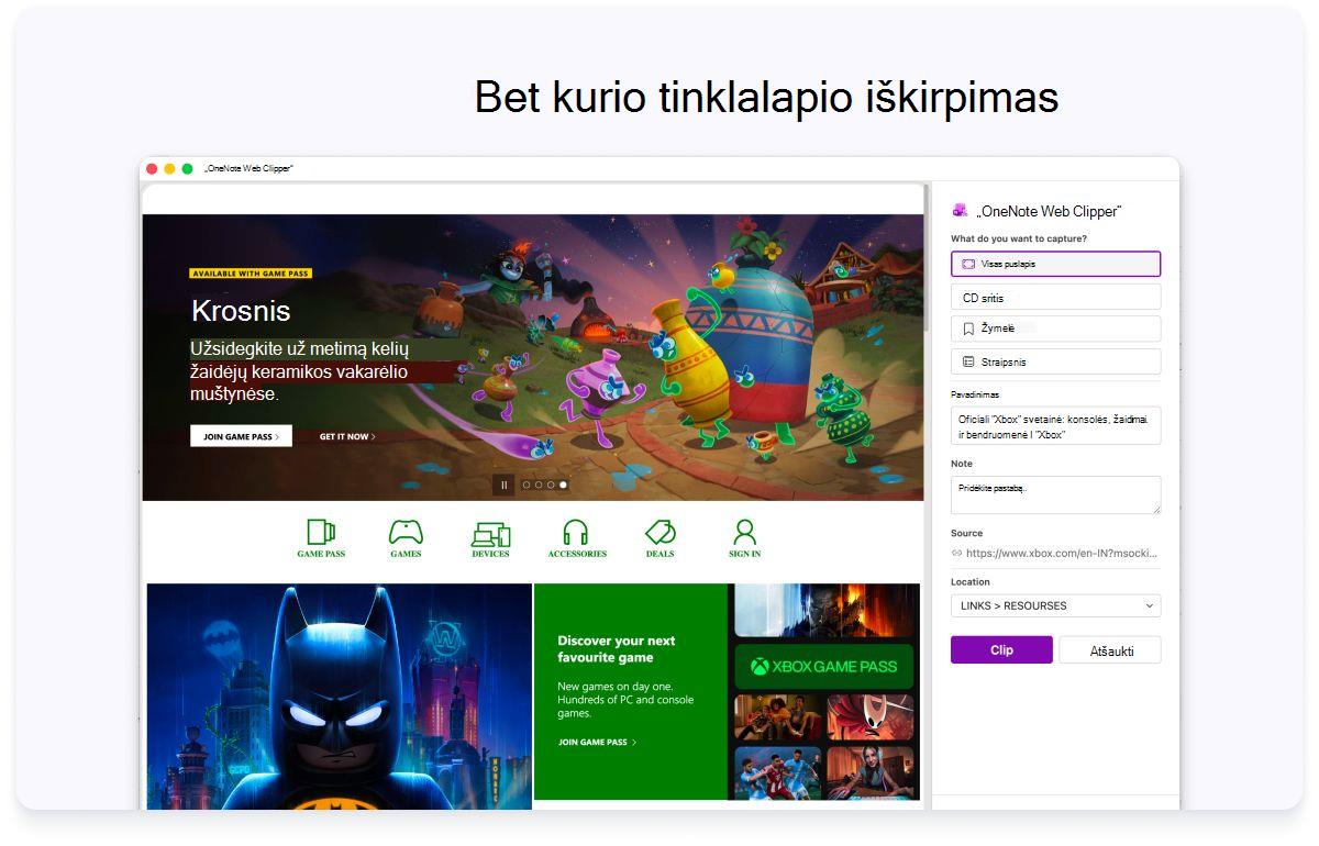 Viso tinklalapio su šoniniu skydeliu parametrams ekrano kopija. Tekstas viršuje nurodo, kad reikia iškirpti bet kurį tinklalapį.