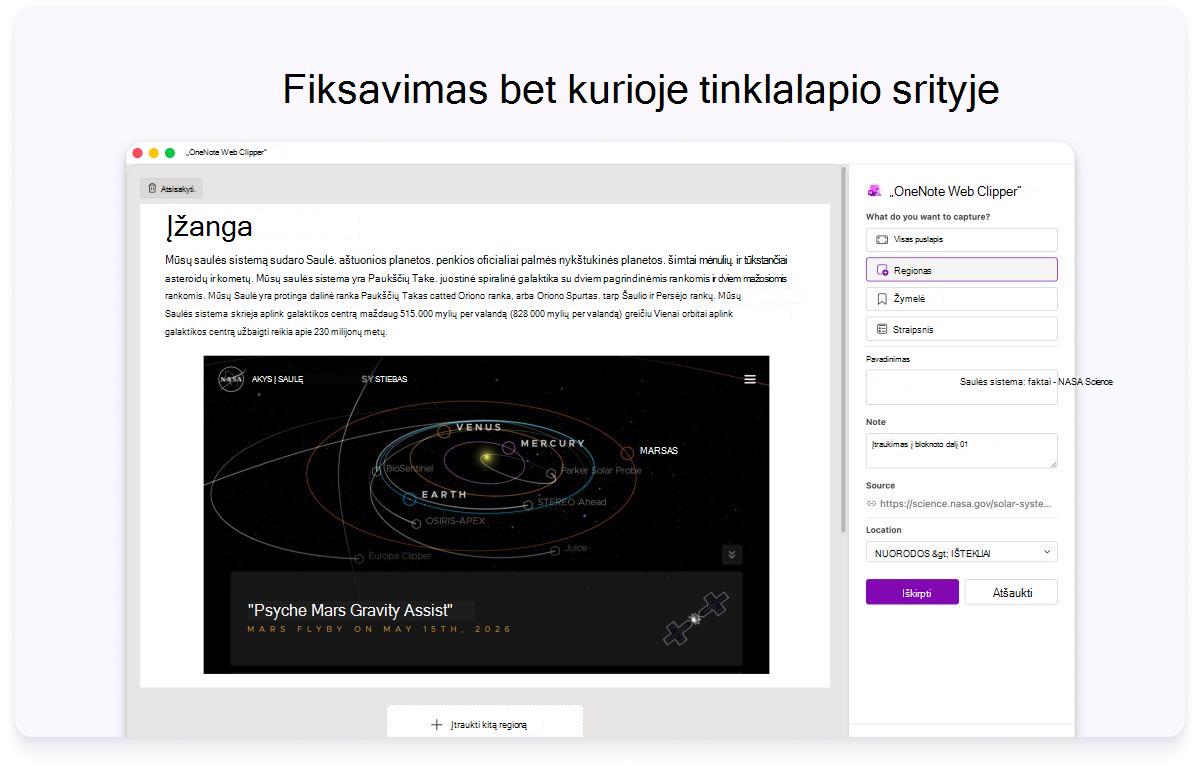Tinklalapio įžangos su šoniniu skydeliu parametrams ekrano kopija. Tekstas viršuje nurodo užfiksuoti bet kokią tinklalapio sritį.