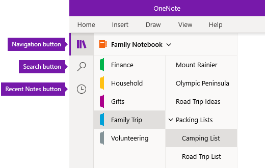 Naršymo juosta „OneNote“, skirtoje „Windows 10“