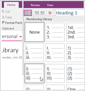 Ekrano kopija, kurioje rodoma, kaip į „OneNote 2016“ puslapį įtraukti numeravimą.