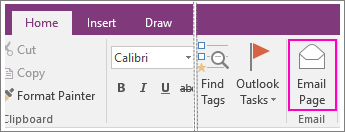 El. pašto mygtuko ekrano nuotrauka programoje „OneNote 2016“.