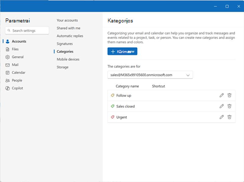 Category Management page showing shared mailbox in account selector
