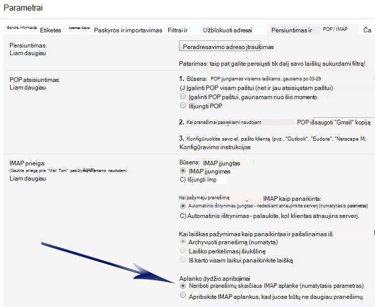 Rodomas parametrų ekranas. Po IMAP Access sekcija yra rodyklė, nukreipta į pirmąją parinktį dalyje Aplanko dydžio apribojimai (Neriboti pranešimų skaičiaus...).