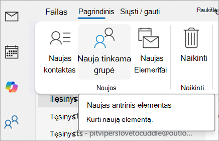 Pasirinkite Nauja kontaktų grupė. Alternatyvusis tekstas nurodys naują antrinį elementą.