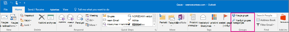 Grupių parinktis pagrindinėje „Outlook“ juostelėje