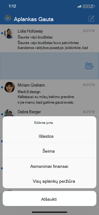 Rodomas aplankas Gauta su aplanko parinkčių sąrašu ir parinktimi peržiūrėti visus aplankus.