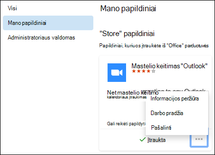 Meniu Mano papildiniai programoje 
