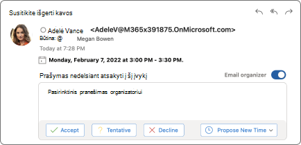 RSVP meniu iš el. laiškų.
