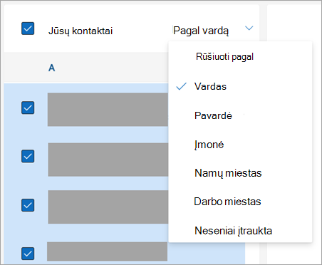 Kontaktų rūšiavimo parinkčių ekrano nuotrauka