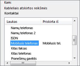 Mob. tel. priskirtas laukui „Outlook“ mobilusis telefonas