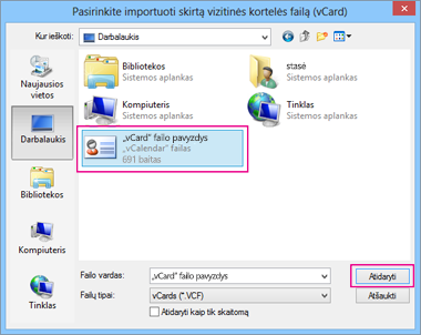 Pasirinkite „vCard“, kurią norite importuoti į .csv failą.