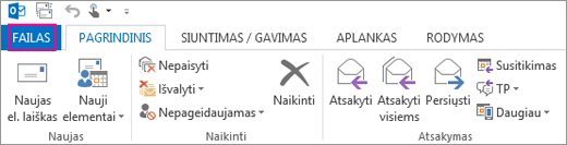 Štai, kaip atrodo „Outlook“ kompiuterio juostelė.