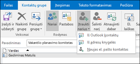 Pasirinkite Įtraukti narių, kad įtrauktumėte juos į kontaktų grupę.