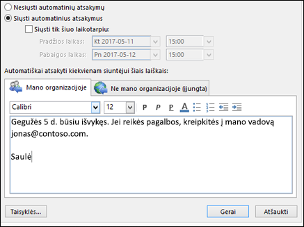 Automatinio atsakymo pranešimo įvedimas