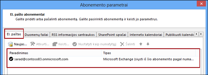 Paskyros tipas programoje „Outlook“