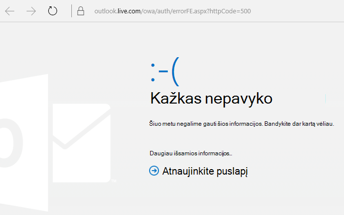 Outlook.com Įvyko klaida, klaidos kodas 500