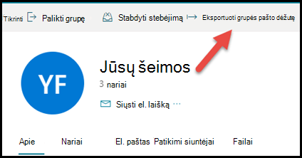 Grupės kortelė Outlook.com su rodykle, nukreipta į viršų ir į dešinę Eksportuoti grupės pašto dėžutę.