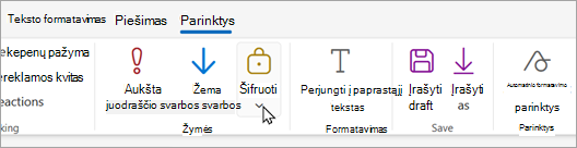 Naujo pašto įrankių juostoje yra mygtukas Šifruoti, kuriuo galite pasirinkti šifravimo parinktis.
