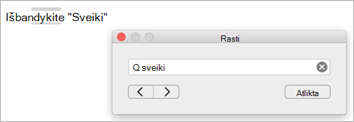 Ieškos rezultatai rodomi dialogo lange Rasti ir pirmas ieškos termino egzempliorius paryškintas 