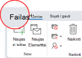 Skirtukas Failas yra juostelės skirtukų kairėje.
