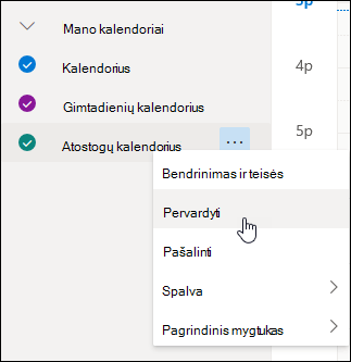 Kalendoriaus kontekstinio meniu ekrano nuotrauka su pažymėta parinktimi Pervardyti