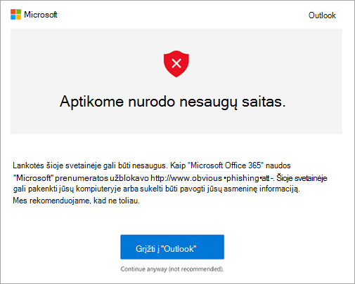 Ekrano kopija, kurioje rodomas įspėjimo apie nesaugų saitą ekranas
