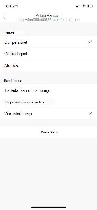 Rodomas mobiliojo įrenginio ekranas su asmens vardu viršuje ir toliau išvardytomis teisių ir bendrinimo parinktimis.