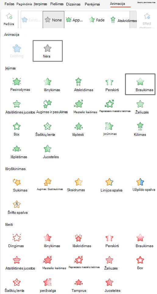 Animacijos, pasiekiamos internetinėje „PowerPoint“, ekrano kopija.