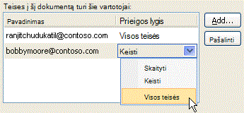 Daugiau parinkčių dialogo lange Teisė