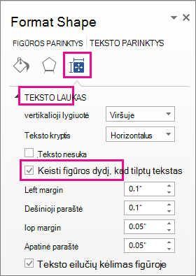 Ekrano kopija, kurioje rodomas dydžio keitimo figūra, kad tilptų srities Figūros formatavimas tekstas.