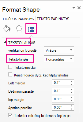 Ekrano nuotrauka, kurioje rodoma teksto kryptis srityje Figūros formatavimas