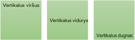 Ekrano kopija, kurioje matomos trys vertikaliosios teksto lygiavimo parinktys: viršuje, viduryje ir apačioje