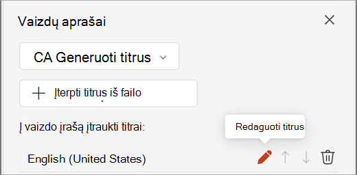 Ekrano kopija, kurioje rodomas titrų takelio mygtukas Redaguoti titrus, esantis titrų srityje.