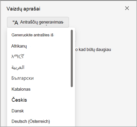 Ekrano kopija, kurioje rodomas titrų generavimo išplečiamasis sąrašas titrų srityje.