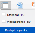 Rodo parinktį Puslapio sąranka skaidrių dydžio meniu