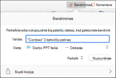 Ekrano kopija, kurioje rodomas dialogo langas, kuriame siūloma nusiųsti pateiktį į 