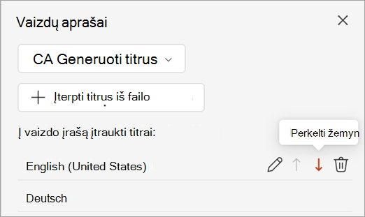 Ekrano kopija, kurioje rodomas titrų takelio perkėlimo žemyn mygtukas titrų srityje.