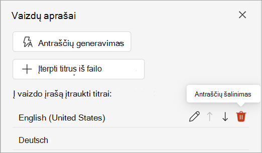 Ekrano kopija, kurioje rodomas titrų takelio mygtukas Pašalinti titrus, esantis titrų srityje.
