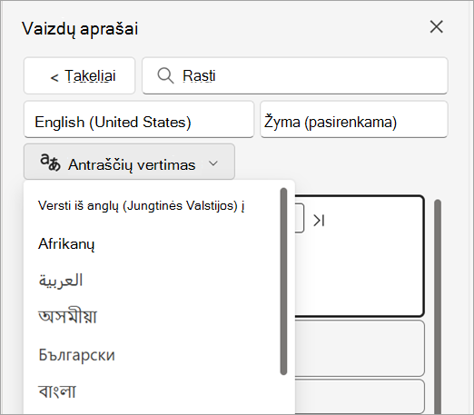 Ekrano kopija, kurioje rodomas titrų vertimo išplečiamasis sąrašas titrų srityje.