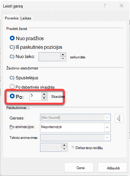 Galite nurodyti skaidrių, kuriose bus leidžiamas garso klipas, skaičių.