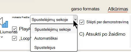 Ekrano kopija, kurioje rodomas garso failų atkūrimo skirtukas, kuriame yra trys parinktys, kada pradėti leisti garso įrašą.