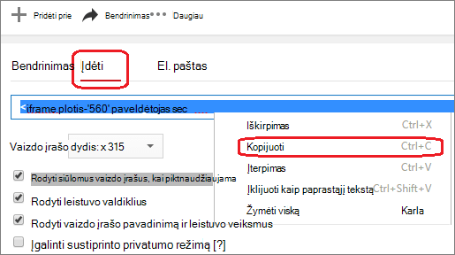 „iFrame“ įdėjimo kodų kopijavimas